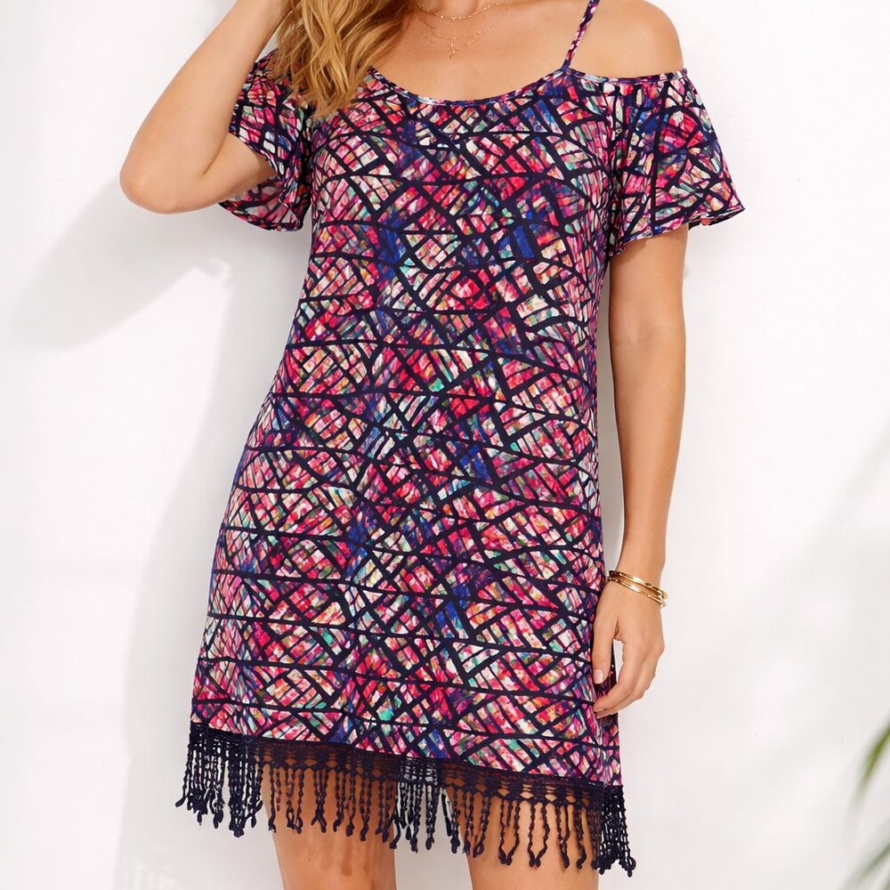 Abstract Cold Shoulder Fringe Dress Cruise Resort Swim Cover-Up - M